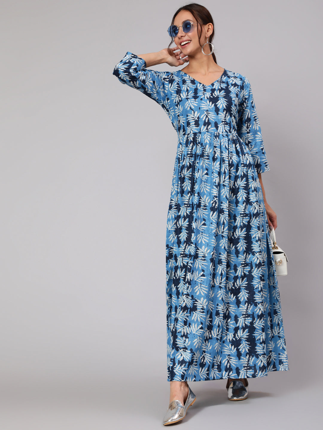 Women Blue Abstrac Printed Gathered Dress With Three Quarter Sleeves | LASVINI - Redefining Indian Fashion with Elegance