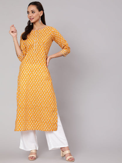 Women Mustard Ethnic Printed Straight Kurta With Three Quarter Sleeves | LASVINI - Redefining Indian Fashion with Elegance