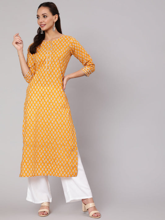 Women Mustard Ethnic Printed Straight Kurta With Three Quarter Sleeves | LASVINI - Redefining Indian Fashion with Elegance