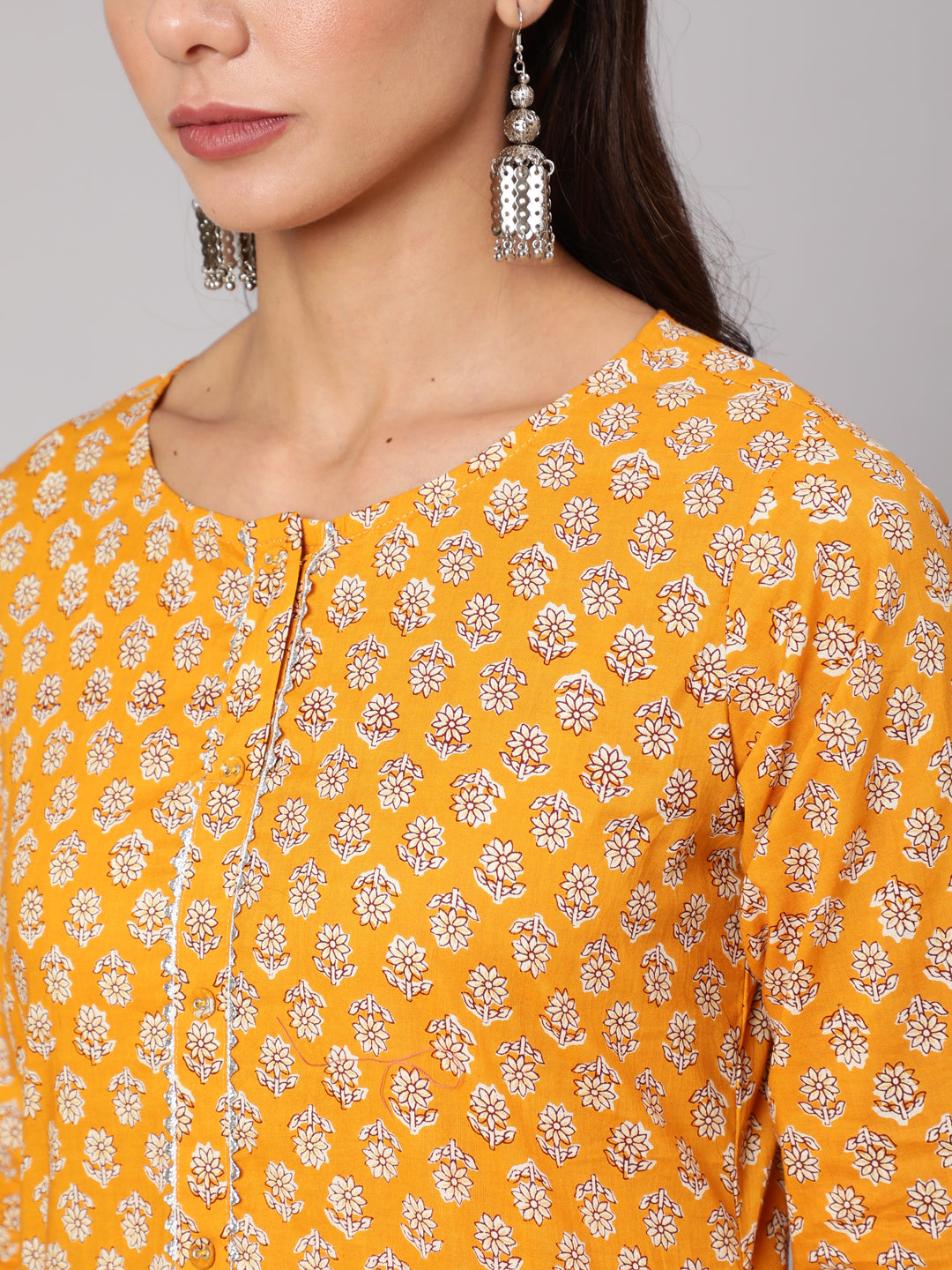 Women Mustard Ethnic Printed Straight Kurta With Three Quarter Sleeves | LASVINI - Redefining Indian Fashion with Elegance
