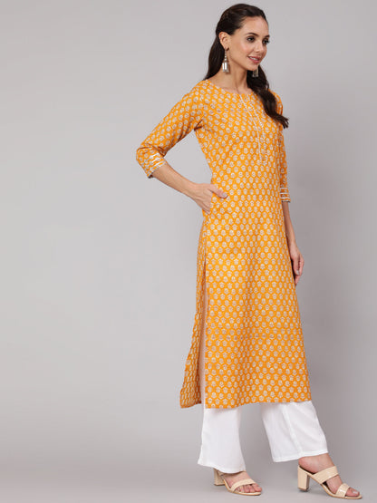 Women Mustard Ethnic Printed Straight Kurta With Three Quarter Sleeves | LASVINI - Redefining Indian Fashion with Elegance