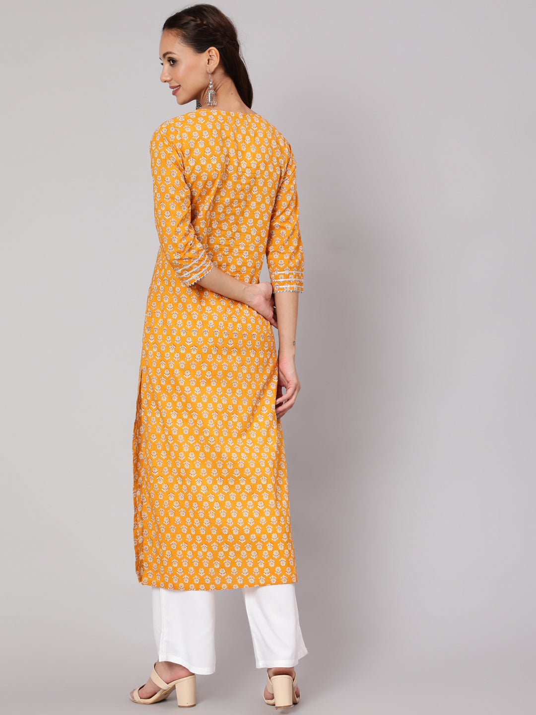 Women Mustard Ethnic Printed Straight Kurta With Three Quarter Sleeves | LASVINI - Redefining Indian Fashion with Elegance