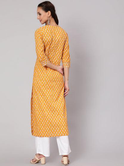Women Mustard Ethnic Printed Straight Kurta With Three Quarter Sleeves | LASVINI - Redefining Indian Fashion with Elegance