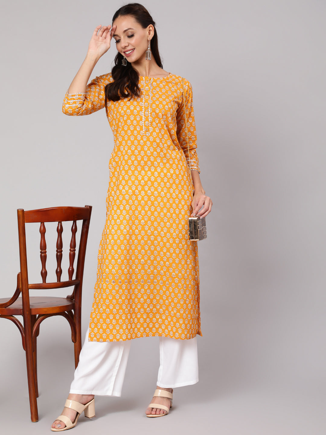 Women Mustard Ethnic Printed Straight Kurta With Three Quarter Sleeves | LASVINI - Redefining Indian Fashion with Elegance