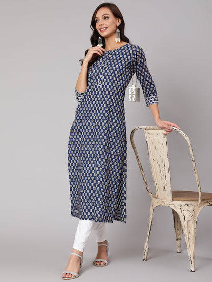 Women Blue Ethnic Printed Straight Kurta With Three Quarter Sleeves | LASVINI - Redefining Indian Fashion with Elegance