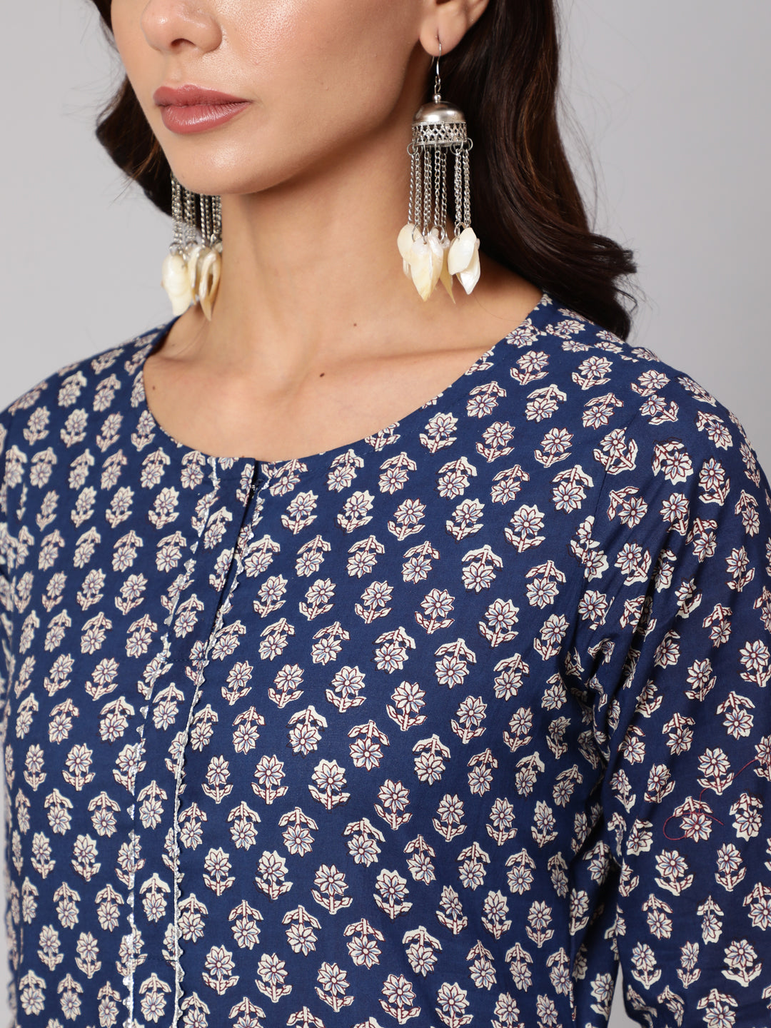 Women Blue Ethnic Printed Straight Kurta With Three Quarter Sleeves | LASVINI - Redefining Indian Fashion with Elegance