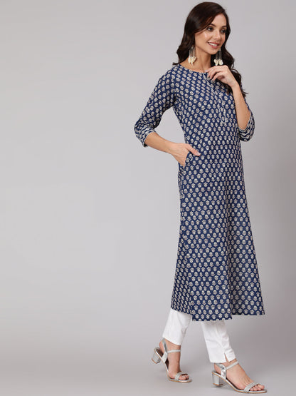 Women Blue Ethnic Printed Straight Kurta With Three Quarter Sleeves | LASVINI - Redefining Indian Fashion with Elegance