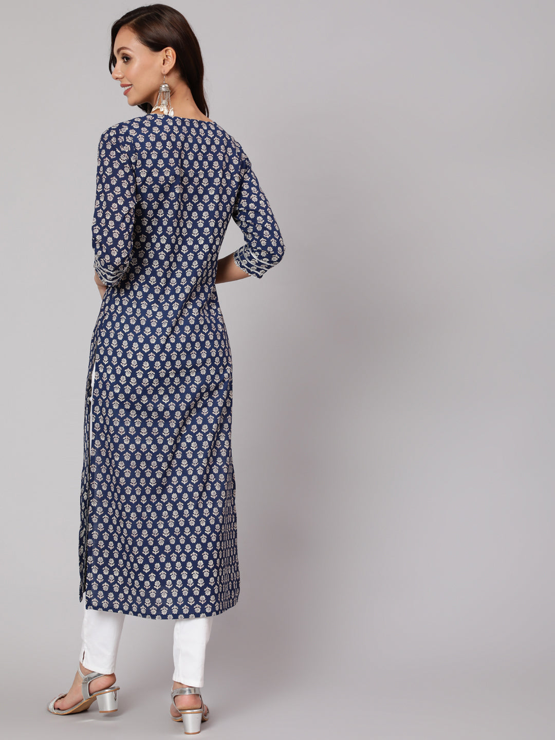 Women Blue Ethnic Printed Straight Kurta With Three Quarter Sleeves | LASVINI - Redefining Indian Fashion with Elegance