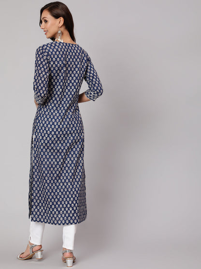 Women Blue Ethnic Printed Straight Kurta With Three Quarter Sleeves | LASVINI - Redefining Indian Fashion with Elegance