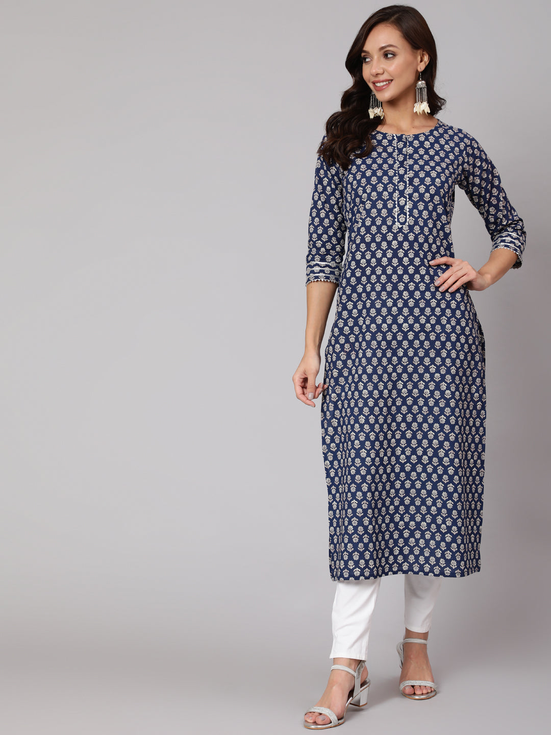 Women Blue Ethnic Printed Straight Kurta With Three Quarter Sleeves | LASVINI - Redefining Indian Fashion with Elegance