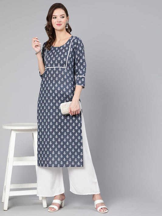 Women Grey Ethnic Printed Straight Kurta With Three Quarter Sleeves | LASVINI - Redefining Indian Fashion with Elegance