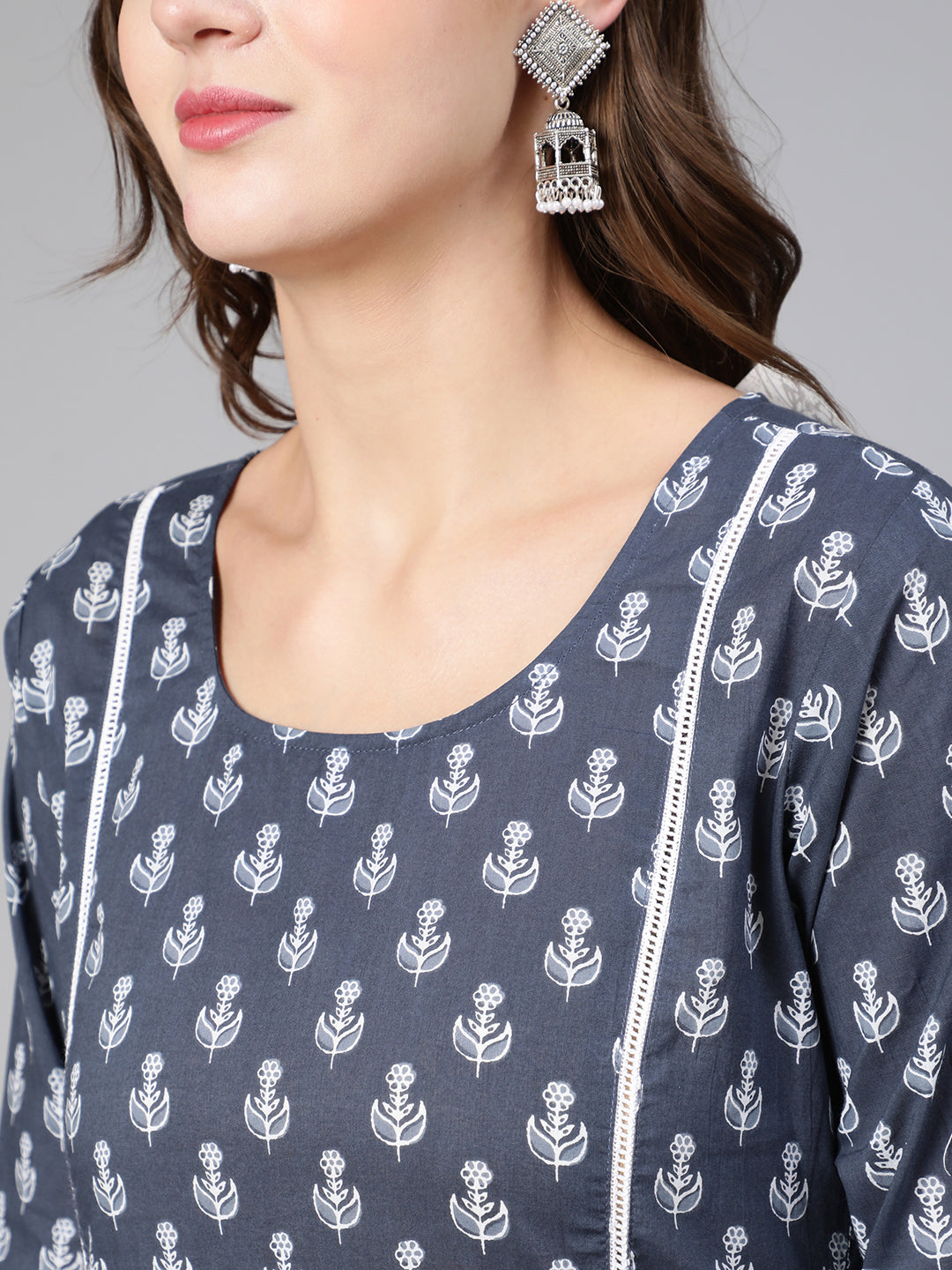 Women Grey Ethnic Printed Straight Kurta With Three Quarter Sleeves | LASVINI - Redefining Indian Fashion with Elegance