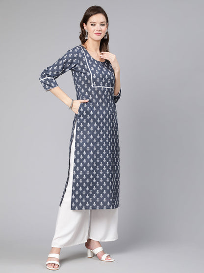 Women Grey Ethnic Printed Straight Kurta With Three Quarter Sleeves | LASVINI - Redefining Indian Fashion with Elegance