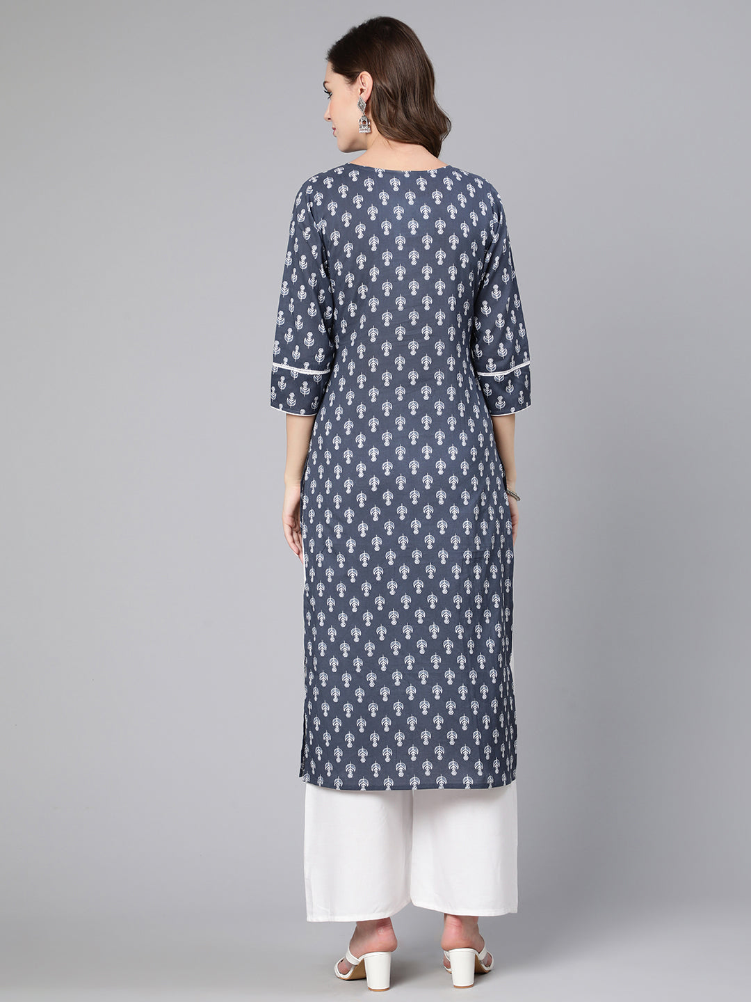 Women Grey Ethnic Printed Straight Kurta With Three Quarter Sleeves | LASVINI - Redefining Indian Fashion with Elegance
