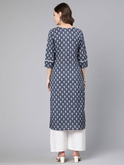Women Grey Ethnic Printed Straight Kurta With Three Quarter Sleeves | LASVINI - Redefining Indian Fashion with Elegance