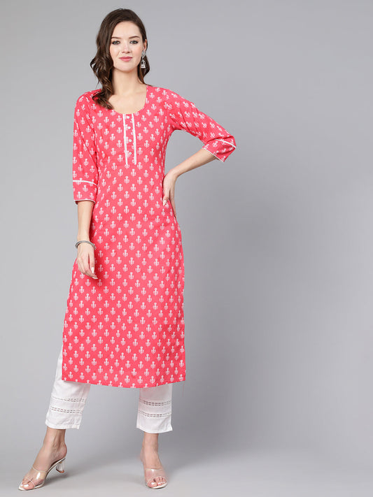 Women Pink Ethnic Printed Straight Kurta With Three Quarter Sleeves | LASVINI - Redefining Indian Fashion with Elegance