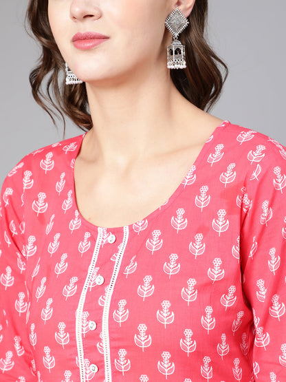 Women Pink Ethnic Printed Straight Kurta With Three Quarter Sleeves | LASVINI - Redefining Indian Fashion with Elegance
