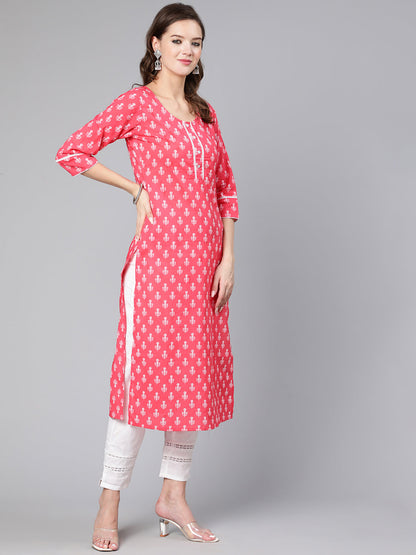 Women Pink Ethnic Printed Straight Kurta With Three Quarter Sleeves | LASVINI - Redefining Indian Fashion with Elegance
