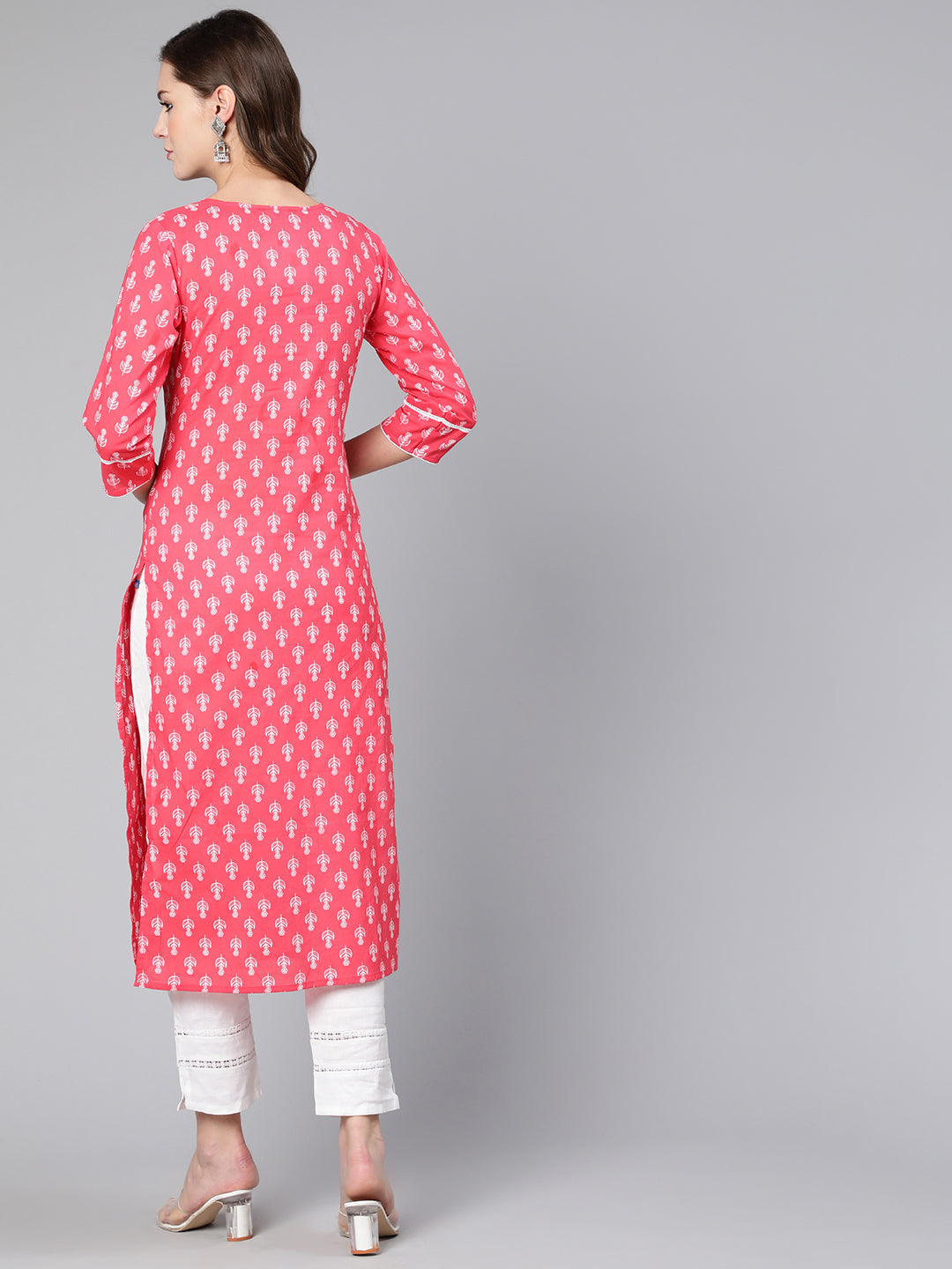 Women Pink Ethnic Printed Straight Kurta With Three Quarter Sleeves | LASVINI - Redefining Indian Fashion with Elegance
