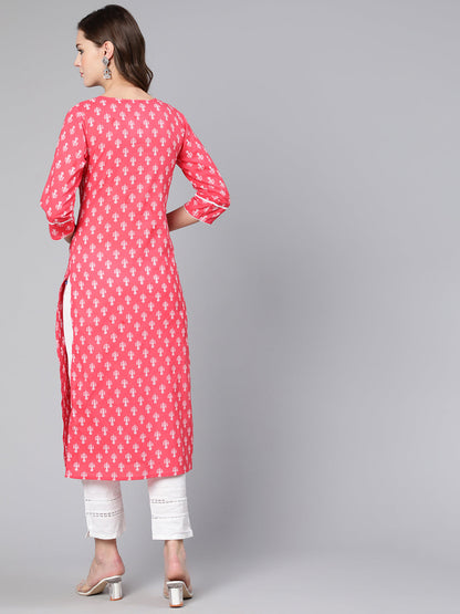 Women Pink Ethnic Printed Straight Kurta With Three Quarter Sleeves | LASVINI - Redefining Indian Fashion with Elegance