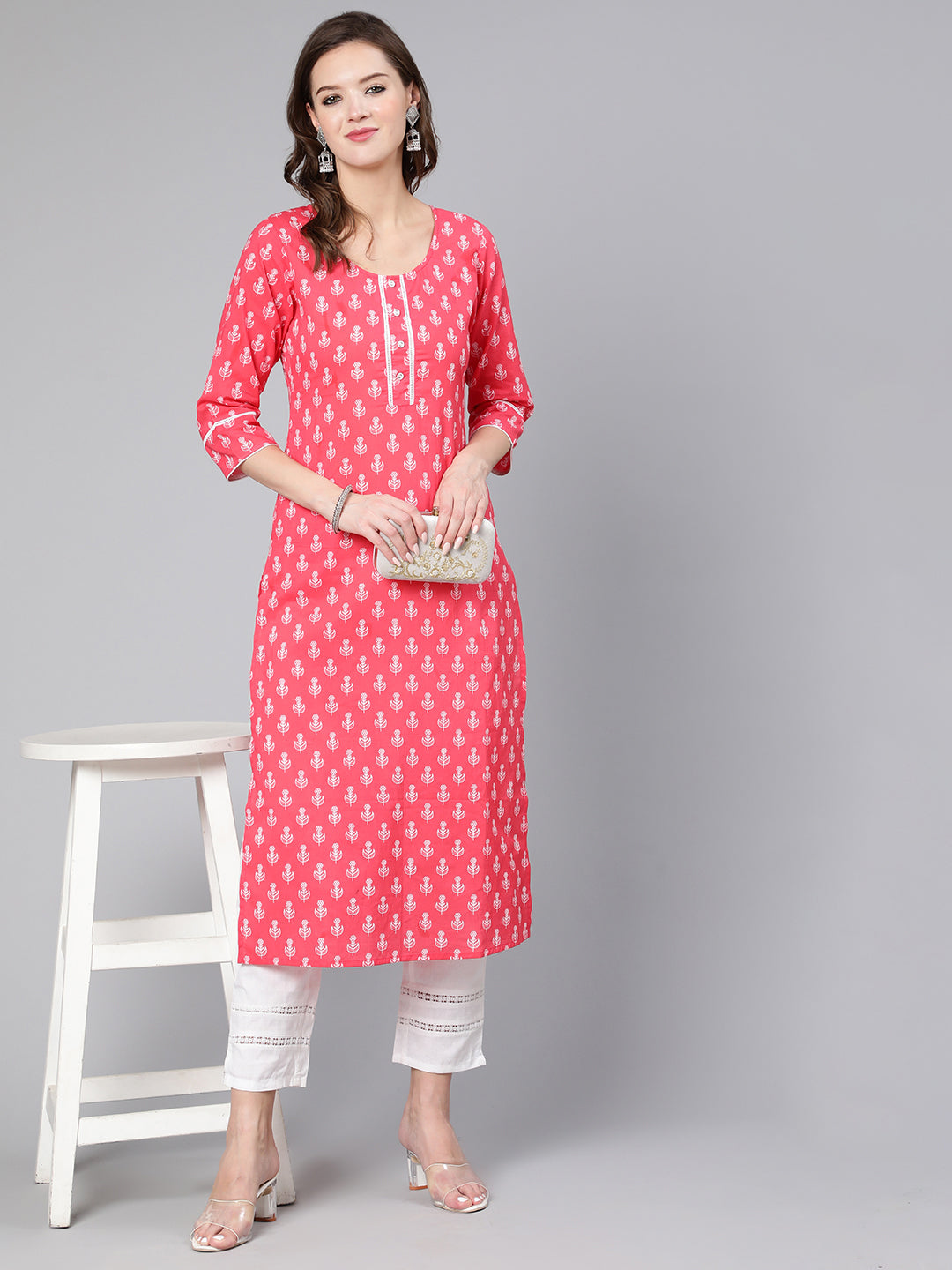 Women Pink Ethnic Printed Straight Kurta With Three Quarter Sleeves | LASVINI - Redefining Indian Fashion with Elegance
