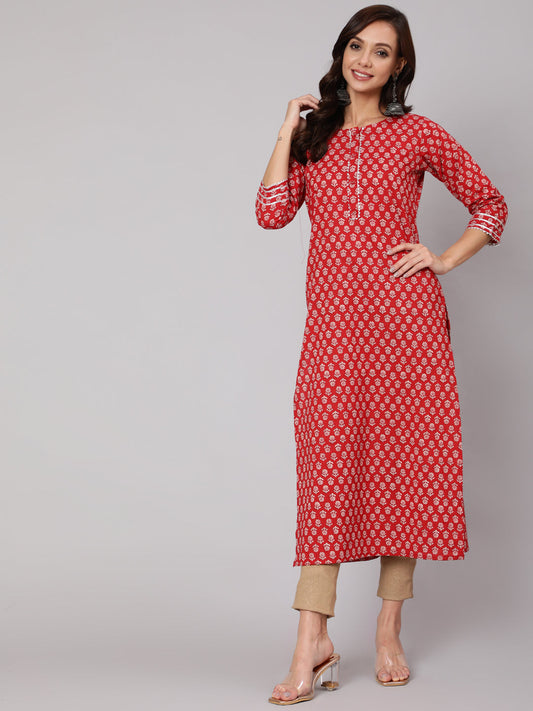 Women Red Ethnic Printed Straight Kurta With Three Quarter Sleeves | LASVINI - Redefining Indian Fashion with Elegance