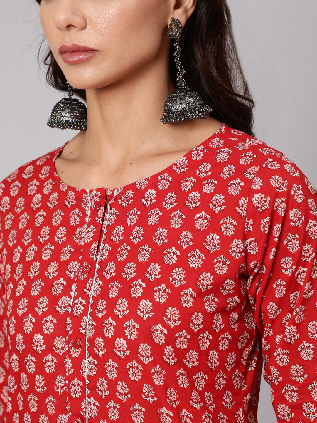 Women Red Ethnic Printed Straight Kurta With Three Quarter Sleeves | LASVINI - Redefining Indian Fashion with Elegance