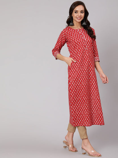 Women Red Ethnic Printed Straight Kurta With Three Quarter Sleeves | LASVINI - Redefining Indian Fashion with Elegance
