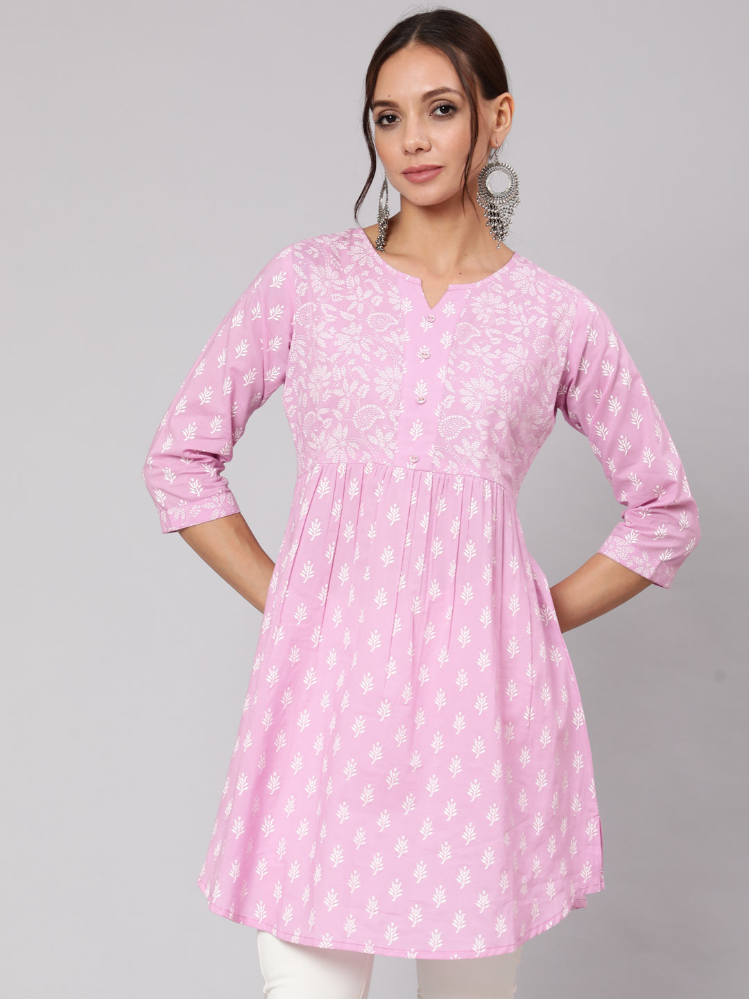 Women Purple Printed A-Line Tunic With Three Quarter Sleeves | LASVINI - Redefining Indian Fashion with Elegance