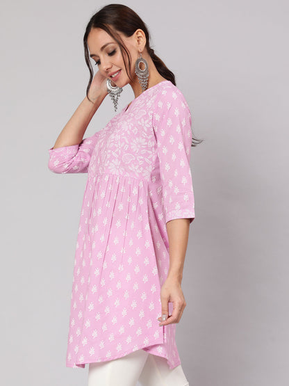 Women Purple Printed A-Line Tunic With Three Quarter Sleeves | LASVINI - Redefining Indian Fashion with Elegance