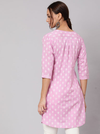 Women Purple Printed A-Line Tunic With Three Quarter Sleeves | LASVINI - Redefining Indian Fashion with Elegance