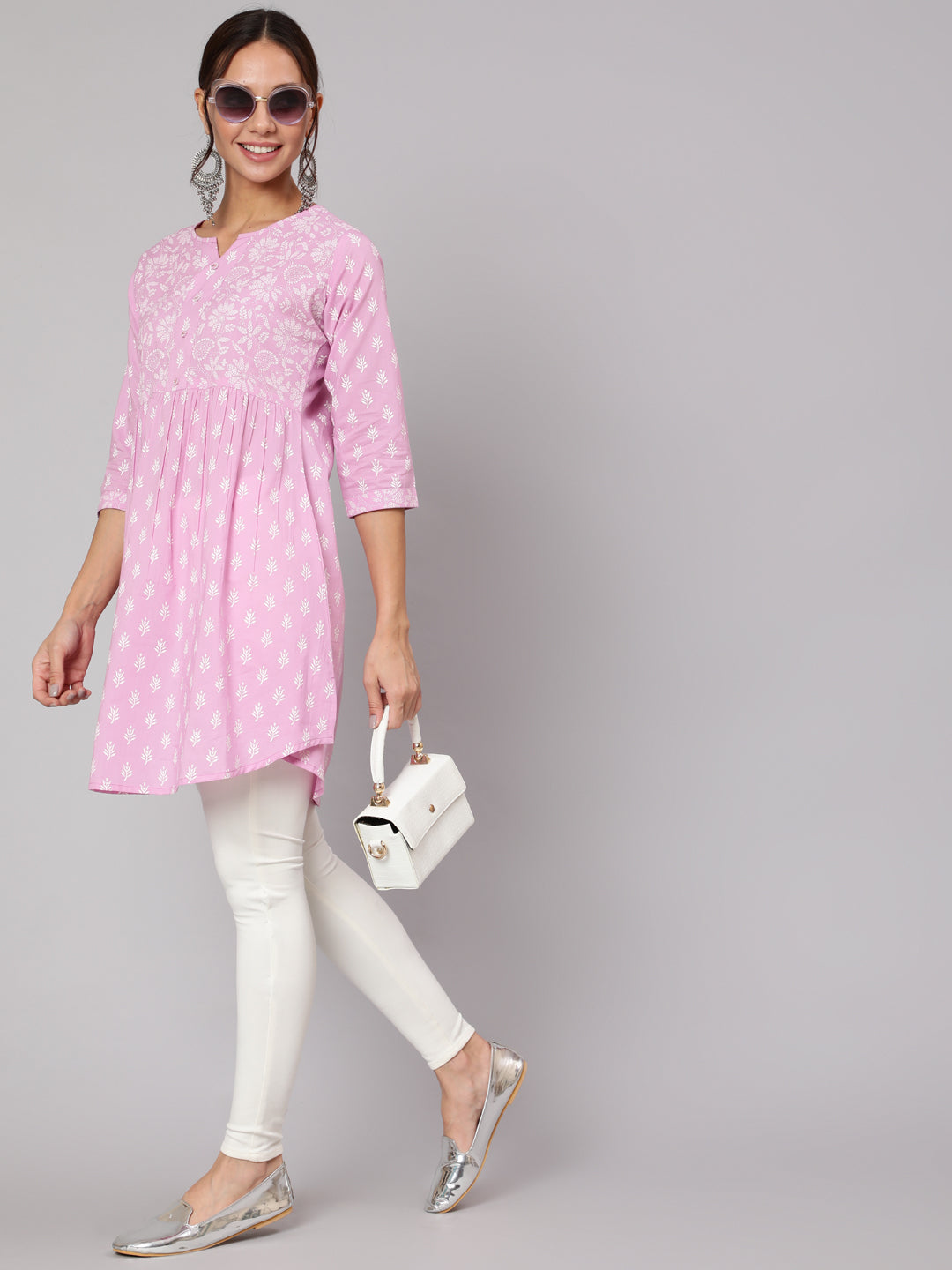 Women Purple Printed A-Line Tunic With Three Quarter Sleeves | LASVINI - Redefining Indian Fashion with Elegance