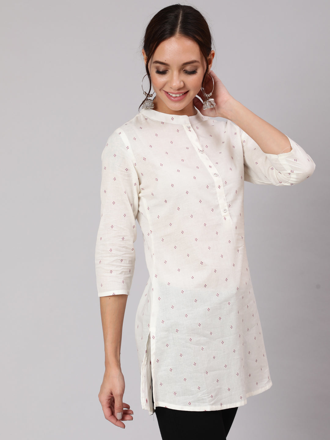 Women White Printed Straight Tunic With Three Quarter Sleeves | LASVINI - Redefining Indian Fashion with Elegance