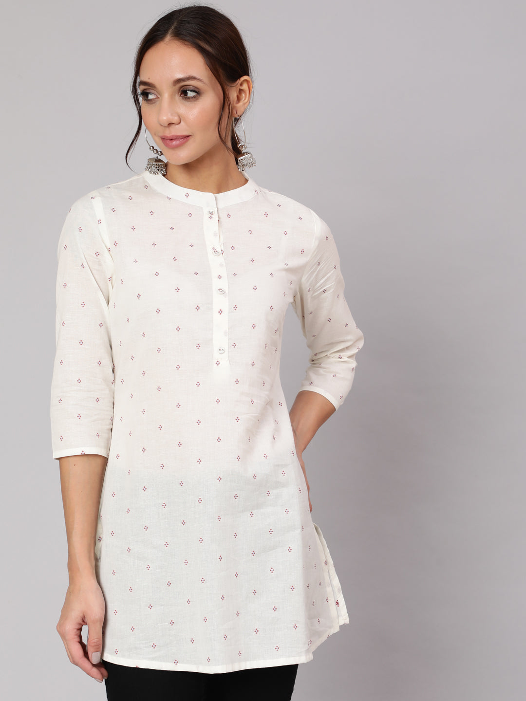 Women White Printed Straight Tunic With Three Quarter Sleeves | LASVINI - Redefining Indian Fashion with Elegance