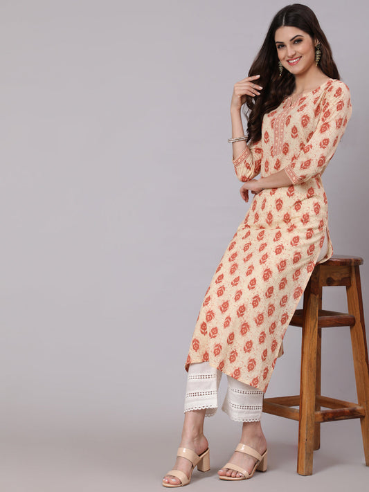 Women Cream Ethnic Printed Straight Kurta With Three Quarter Sleeves | LASVINI - Redefining Indian Fashion with Elegance