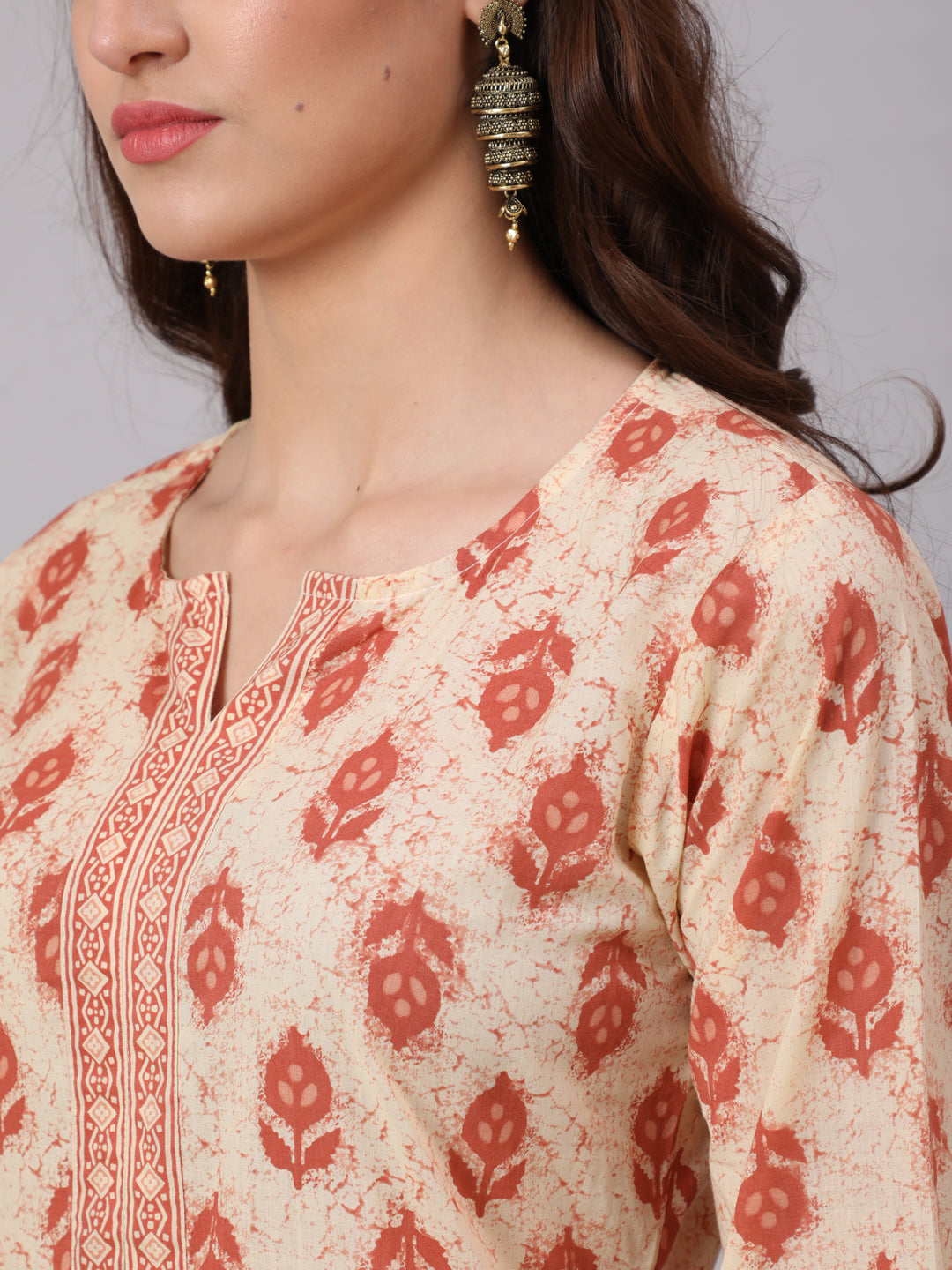 Women Cream Ethnic Printed Straight Kurta With Three Quarter Sleeves | LASVINI - Redefining Indian Fashion with Elegance