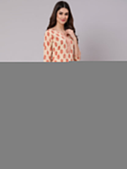 Women Cream Ethnic Printed Straight Kurta With Three Quarter Sleeves | LASVINI - Redefining Indian Fashion with Elegance