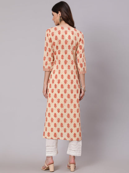 Women Cream Ethnic Printed Straight Kurta With Three Quarter Sleeves | LASVINI - Redefining Indian Fashion with Elegance
