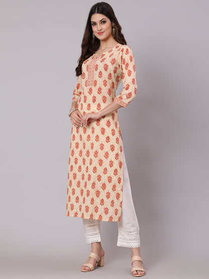 Women Cream Ethnic Printed Straight Kurta With Three Quarter Sleeves | LASVINI - Redefining Indian Fashion with Elegance