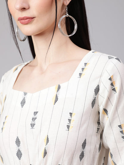 Women White Geometric Printed Flared Dress | LASVINI - Redefining Indian Fashion with Elegance