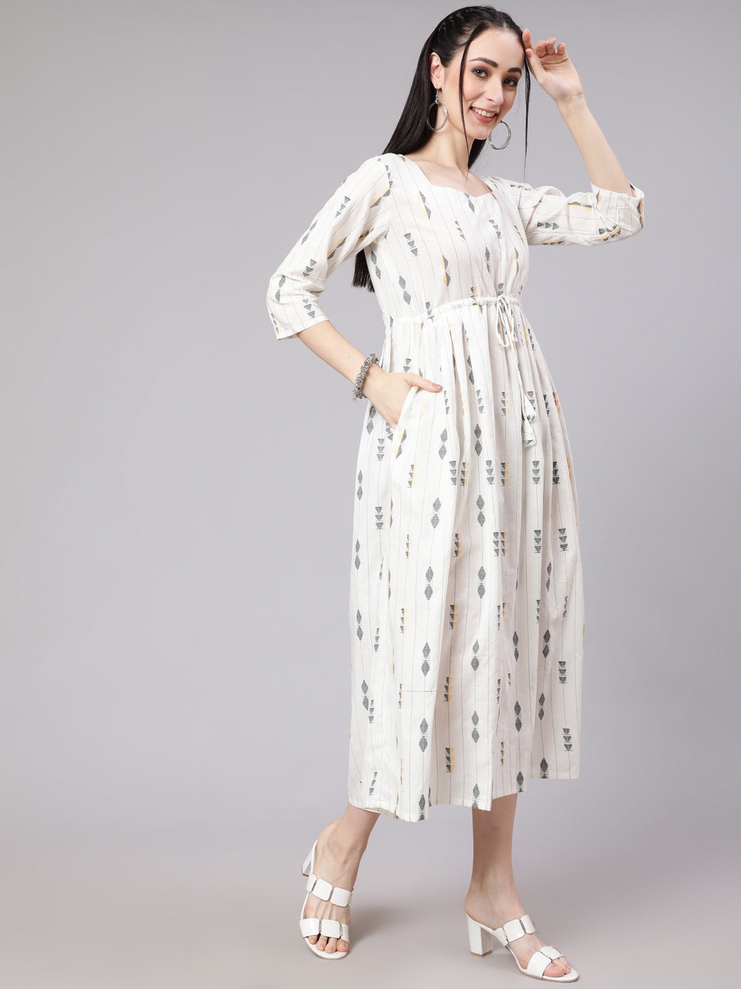 Women White Geometric Printed Flared Dress | LASVINI - Redefining Indian Fashion with Elegance