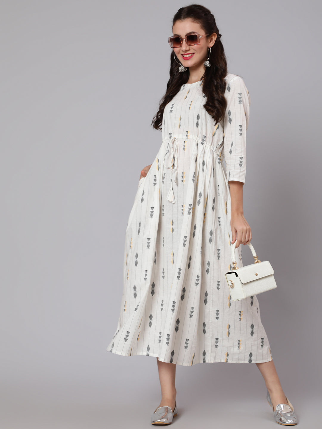 Women White Geometric Printed Flared Dress | LASVINI - Redefining Indian Fashion with Elegance