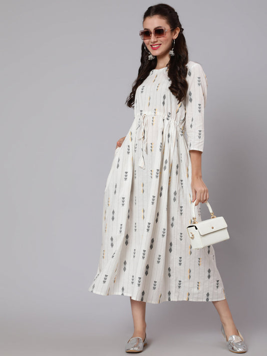 Women White Geometric Printed Flared Dress | LASVINI - Redefining Indian Fashion with Elegance