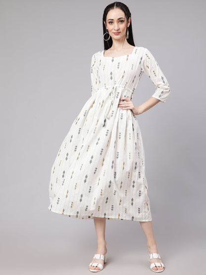 Women White Geometric Printed Flared Dress | LASVINI - Redefining Indian Fashion with Elegance