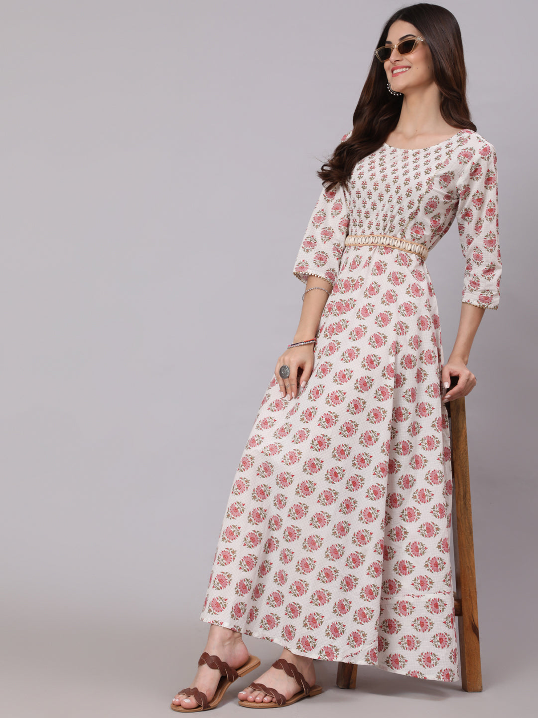 Women White & Pink Ethnic Printed Dress With Three Quarter Sleeves | LASVINI - Redefining Indian Fashion with Elegance