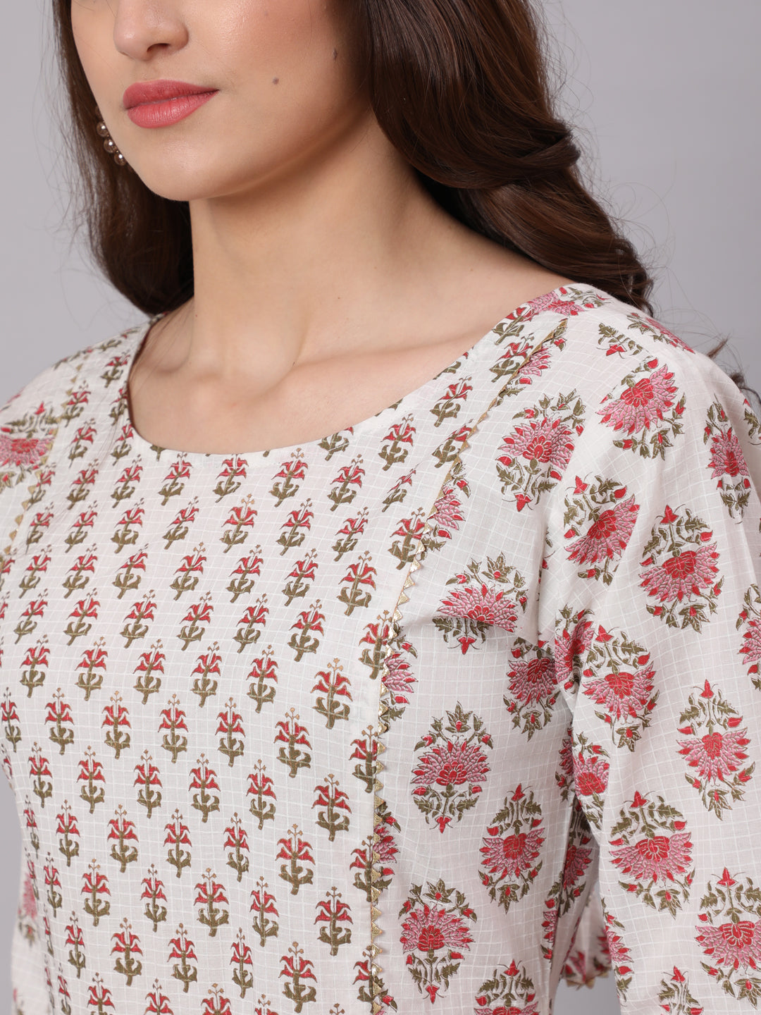 Women White & Pink Ethnic Printed Dress With Three Quarter Sleeves | LASVINI - Redefining Indian Fashion with Elegance
