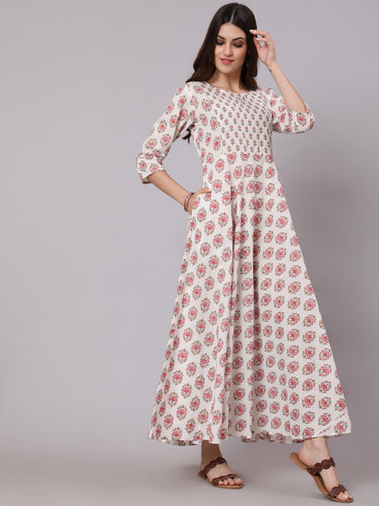 Women White & Pink Ethnic Printed Dress With Three Quarter Sleeves | LASVINI - Redefining Indian Fashion with Elegance