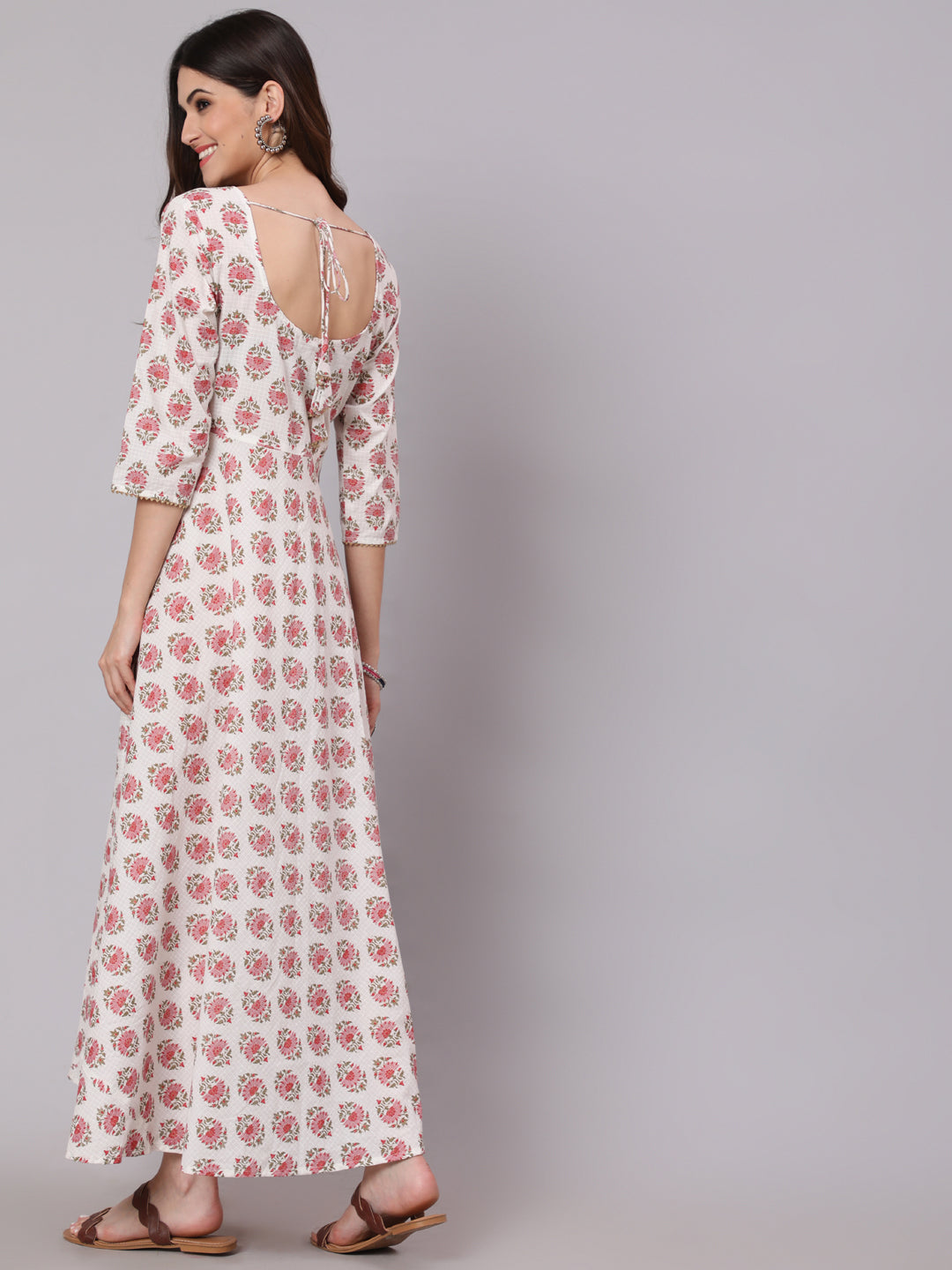 Women White & Pink Ethnic Printed Dress With Three Quarter Sleeves | LASVINI - Redefining Indian Fashion with Elegance