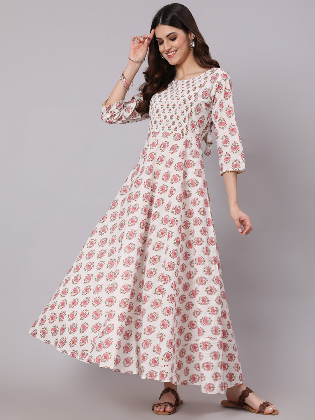 Women White & Pink Ethnic Printed Dress With Three Quarter Sleeves | LASVINI - Redefining Indian Fashion with Elegance