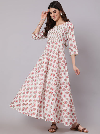 Women White & Pink Ethnic Printed Dress With Three Quarter Sleeves | LASVINI - Redefining Indian Fashion with Elegance